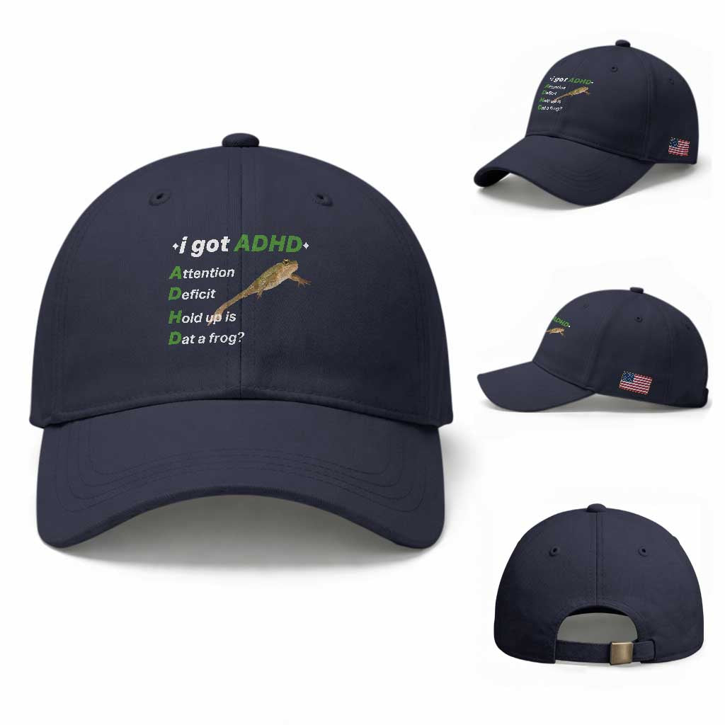 I Got ADHD Attention Deficit Hold Up Is Dat A Frog Baseball Cap Neurodiversity Humor Weirdcore TS02 Baseball Cap Universal Fit Navy Print Your Wear