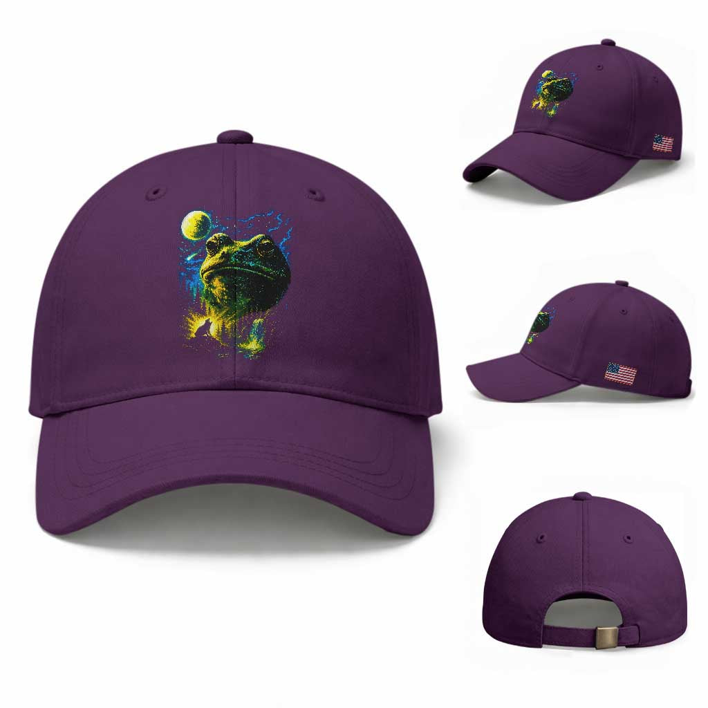 Cosmic Frog Howling At Moon Parody Graphic Baseball Cap Vintage 90s Retro Fantasy Meme TS02 Baseball Cap Universal Fit Purple Print Your Wear