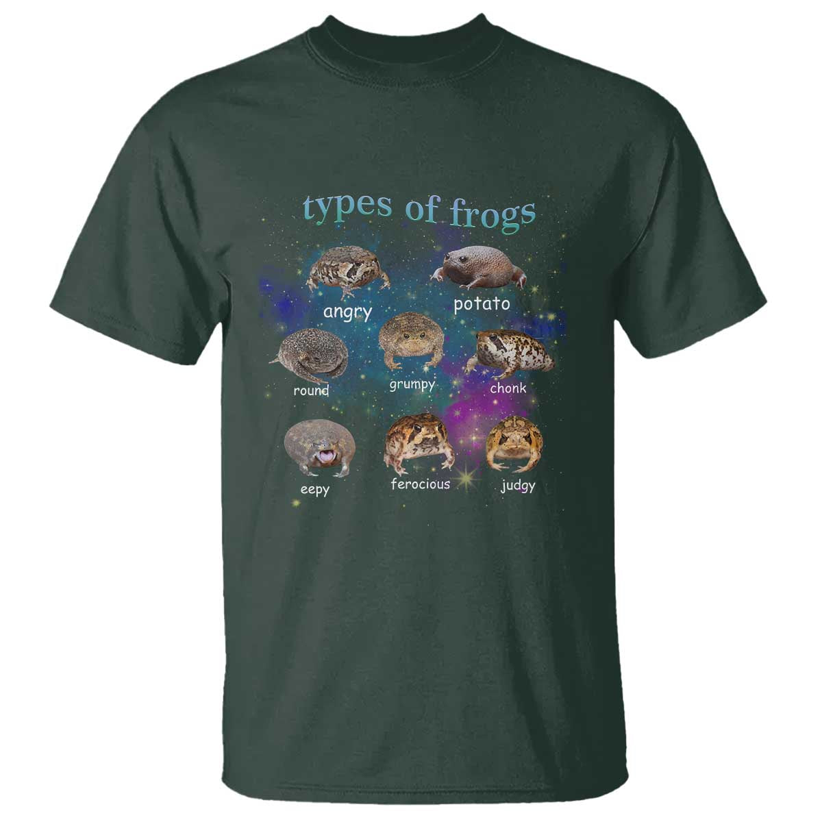 Types Of Frogs Funny Rain Frog Meme Chart T Shirt Angry Grumpy Eepy Chonk Potato Round Judgy Ferocious TS02 Dark Forest Green Print Your Wear