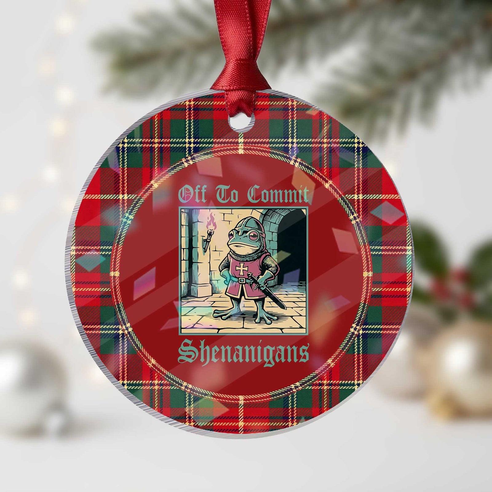 Funny Medieval Frog Knight Fantasy RPG Meme Holographic Acrylic Ornament Off To Commit Shenanigans