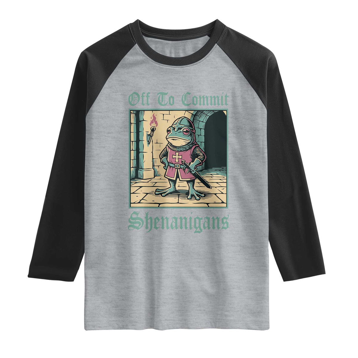 Funny Medieval Frog Knight Fantasy RPG Meme Raglan Shirt Off To Commit Shenanigans TS02 Heather Gray Black Print Your Wear