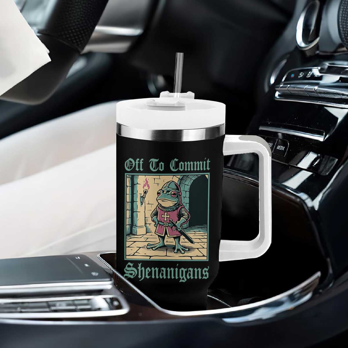 Funny Medieval Frog Knight Fantasy RPG Meme Tumbler With Handle Off To Commit Shenanigans TS02 Print Your Wear
