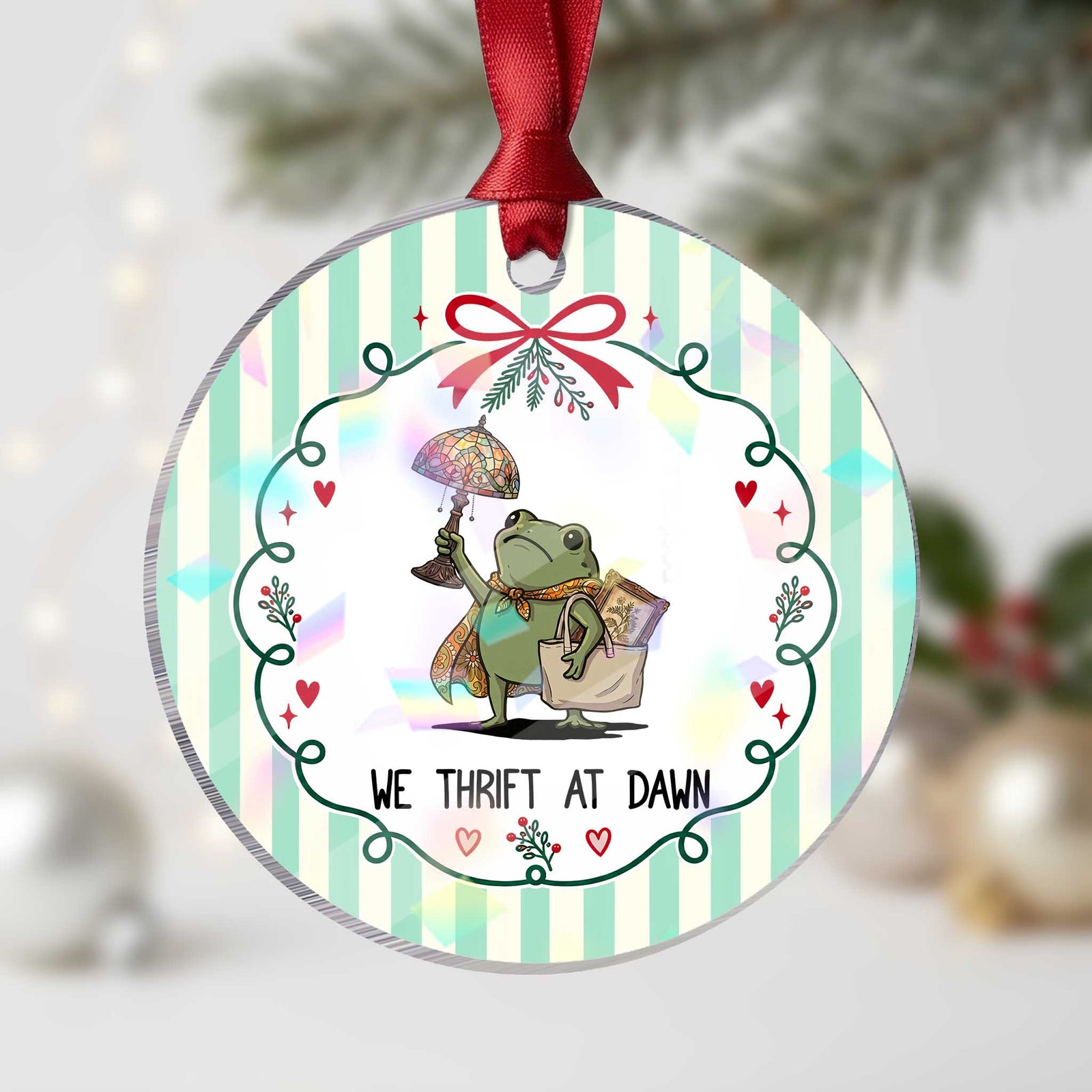 Funny Thrifting Frog Vintage Antique Hunter Holographic Acrylic Ornament We Thrift At Dawn Humor