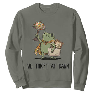 Funny Thrifting Frog Vintage Antique Hunter Sweatshirt We Thrift At Dawn Humor TS02 Military Green Print Your Wear