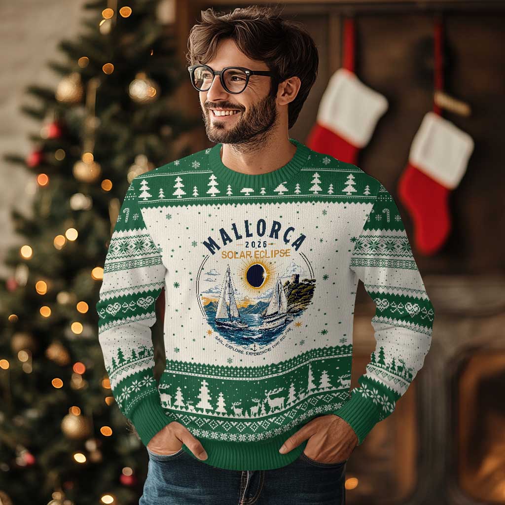 Mallorca Spain 2026 Total Solar Eclipse Ugly Christmas Sweater Sailing Cruise Totality Sail Explore Experience Travel Souvenir TS02 Beige Green Print Your Wear