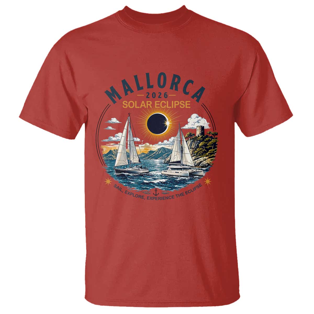 Mallorca Spain 2026 Total Solar Eclipse T Shirt Sailing Cruise Totality Sail Explore Experience Travel Souvenir TS02 Red Print Your Wear