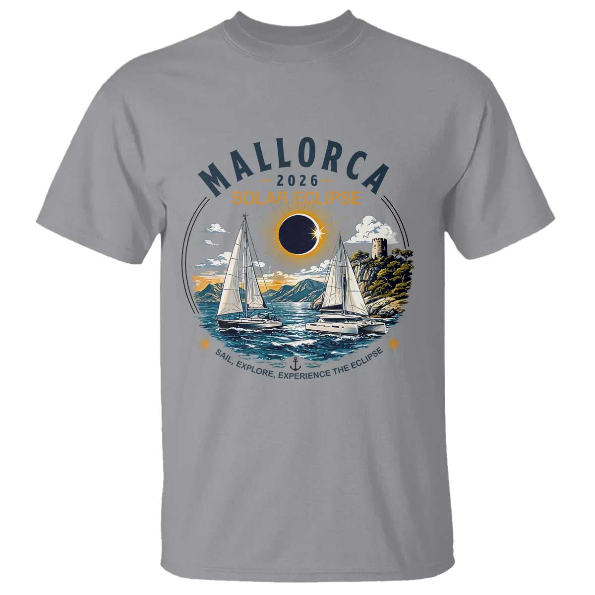 Mallorca Spain 2026 Total Solar Eclipse T Shirt Sailing Cruise Totality Sail Explore Experience Travel Souvenir TS02 Sport Gray Print Your Wear
