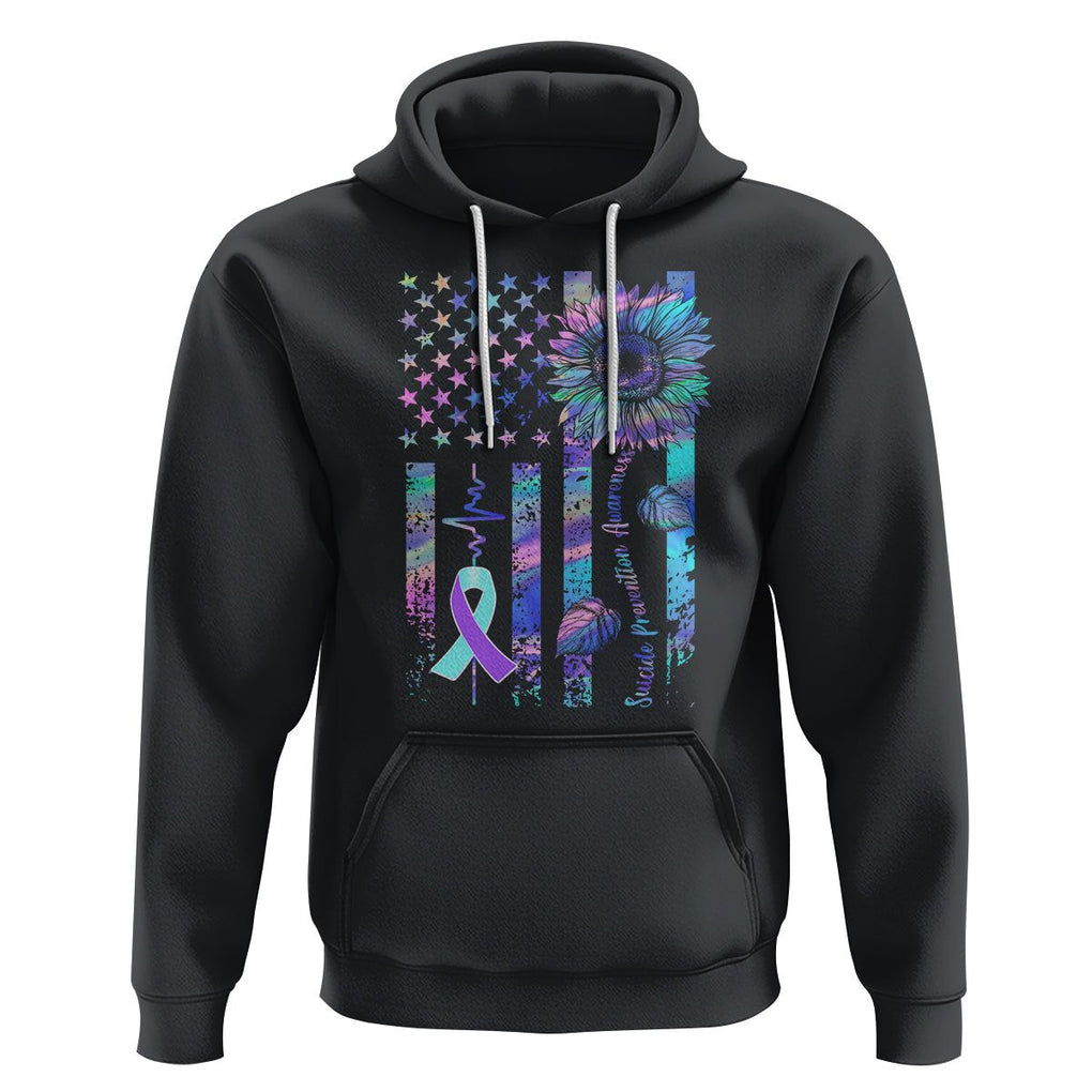 Suicide Prevention Awareness Hoodie Support Squad Teal And Purple American Flag Sunflower TS02 Black Printyourwear