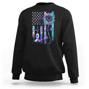 Suicide Prevention Awareness Sweatshirt Support Squad Teal And Purple American Flag Sunflower TS02 Black Printyourwear