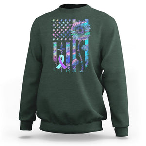 Suicide Prevention Awareness Sweatshirt Support Squad Teal And Purple American Flag Sunflower TS02 Dark Forest Green Printyourwear