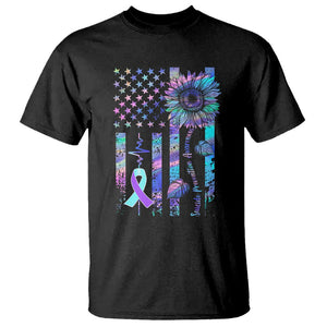 Suicide Prevention Awareness T Shirt Support Squad Teal And Purple American Flag Sunflower TS02 Black Printyourwear