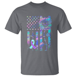 Suicide Prevention Awareness T Shirt Support Squad Teal And Purple American Flag Sunflower TS02 Charcoal Printyourwear