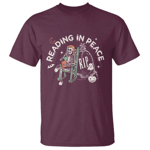 Reading Skeleton T Shirt RIP Reading In Peace Book Lover Spooky Vibe TS02 Maroon Printyourwear