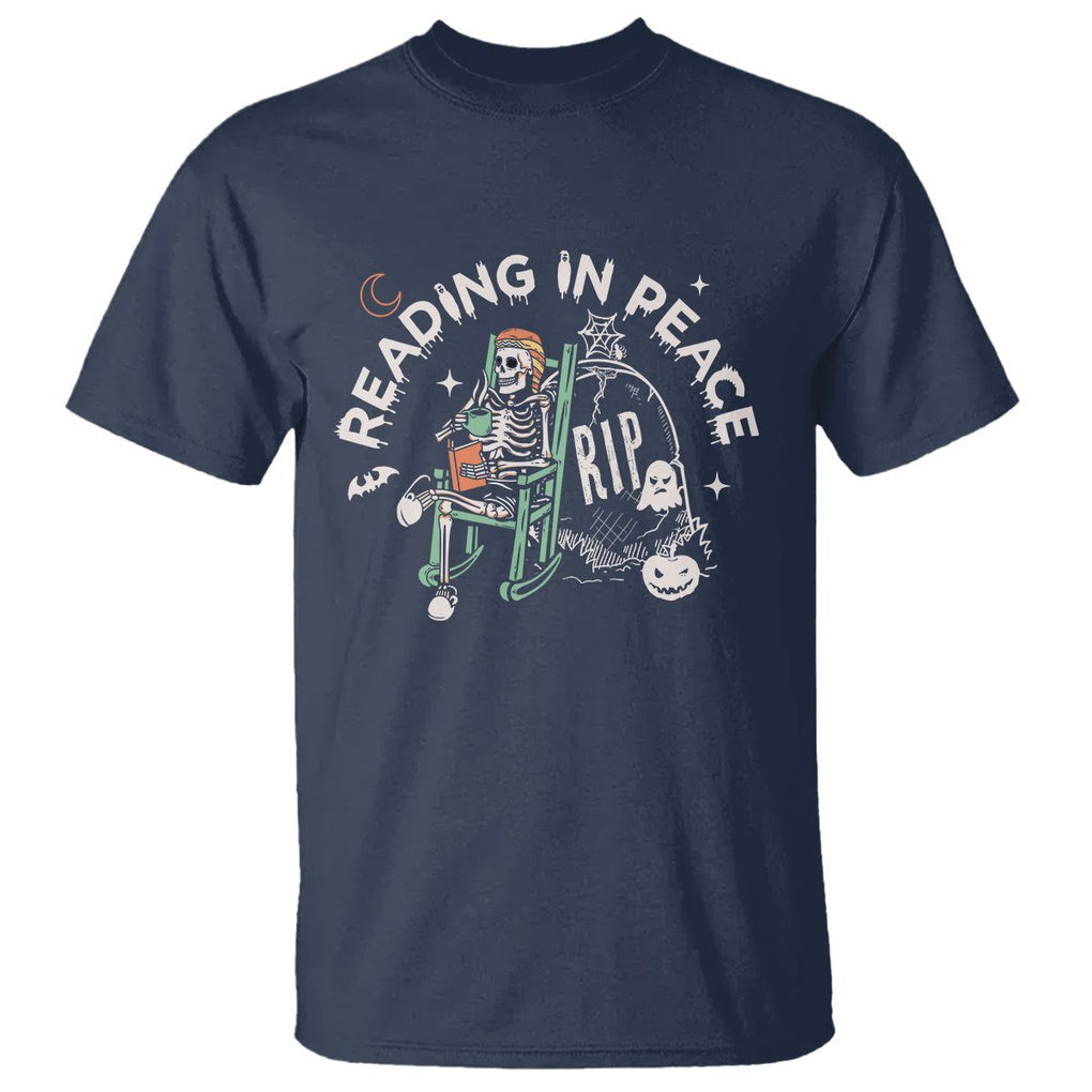 Reading Skeleton T Shirt RIP Reading In Peace Book Lover Spooky Vibe TS02 Navy Printyourwear