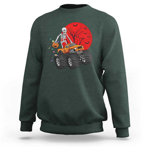 Halloween Skeleton Sweatshirt Skeleton Riding Monster Truck Candy Funny Scary Pumpkin TS02 Dark Forest Green Print Your Wear