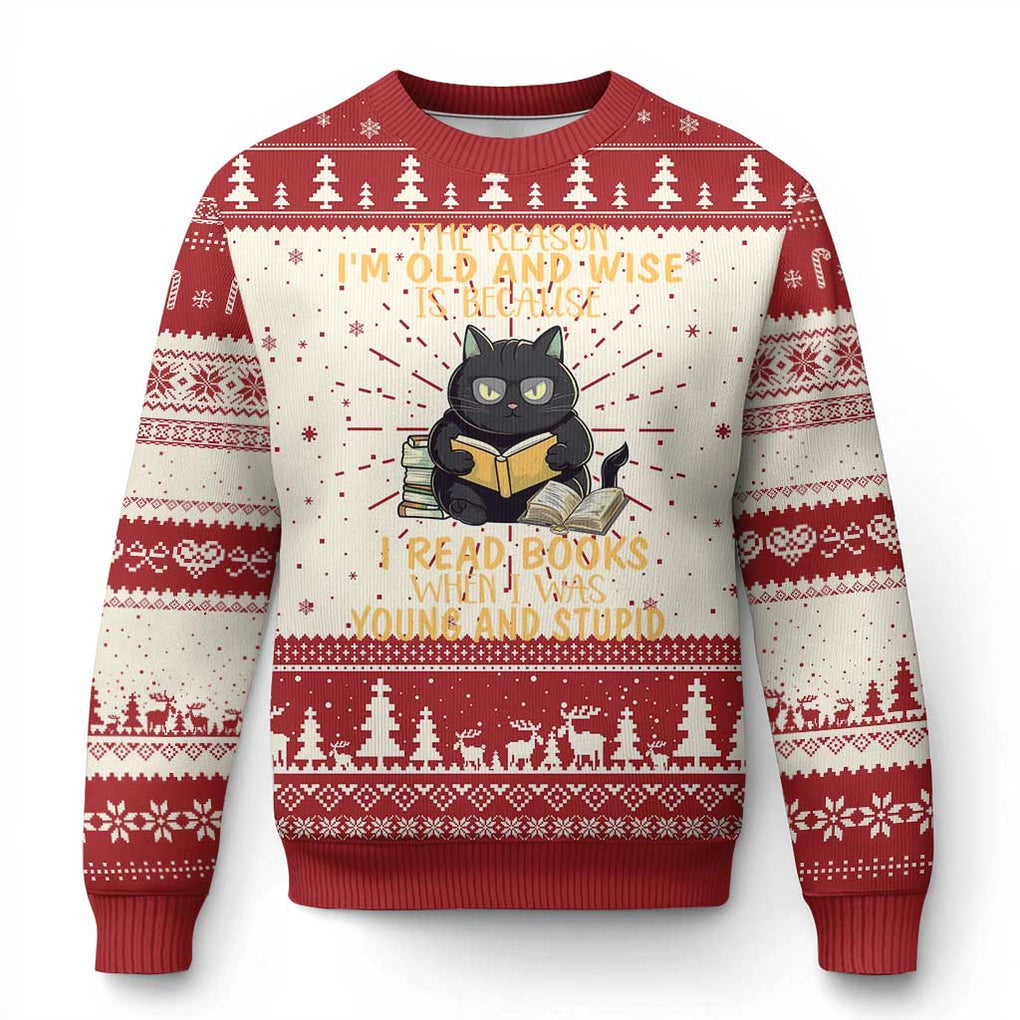 Black Cat Reading Ugly Christmas Sweater I'm Old And Wise Because I Read Books When I Was Young And Stupid Funny Reading Lover TS02 Red Print Your Wear