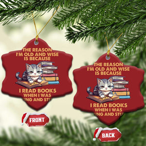 Cat Reading Christmas Ornament I'm Old And Wise Because I Read Books When I Was Young And Stupid Funny Reading Lover TS02 Snow Flake Red Print Your Wear