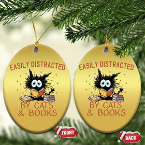 Cat and Book Lover Christmas Ornament Easily Distracted By Cats And Books Funny Black Cat Meme TS02 Oval Gold Print Your Wear