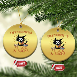 Cat and Book Lover Christmas Ornament Easily Distracted By Cats And Books Funny Black Cat Meme TS02 Circle Gold Print Your Wear