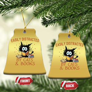 Cat and Book Lover Christmas Ornament Easily Distracted By Cats And Books Funny Black Cat Meme TS02 Bell Flake Gold Print Your Wear