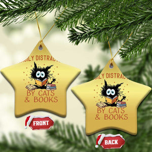 Cat and Book Lover Christmas Ornament Easily Distracted By Cats And Books Funny Black Cat Meme TS02 Star Gold Print Your Wear