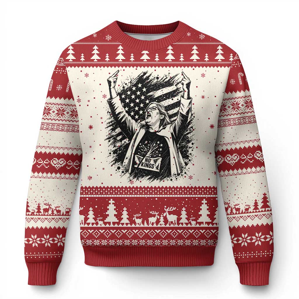 Funny Rebellious Aunt Sue Middle Finger Grunge American Flag Graphic Ugly Christmas Sweater