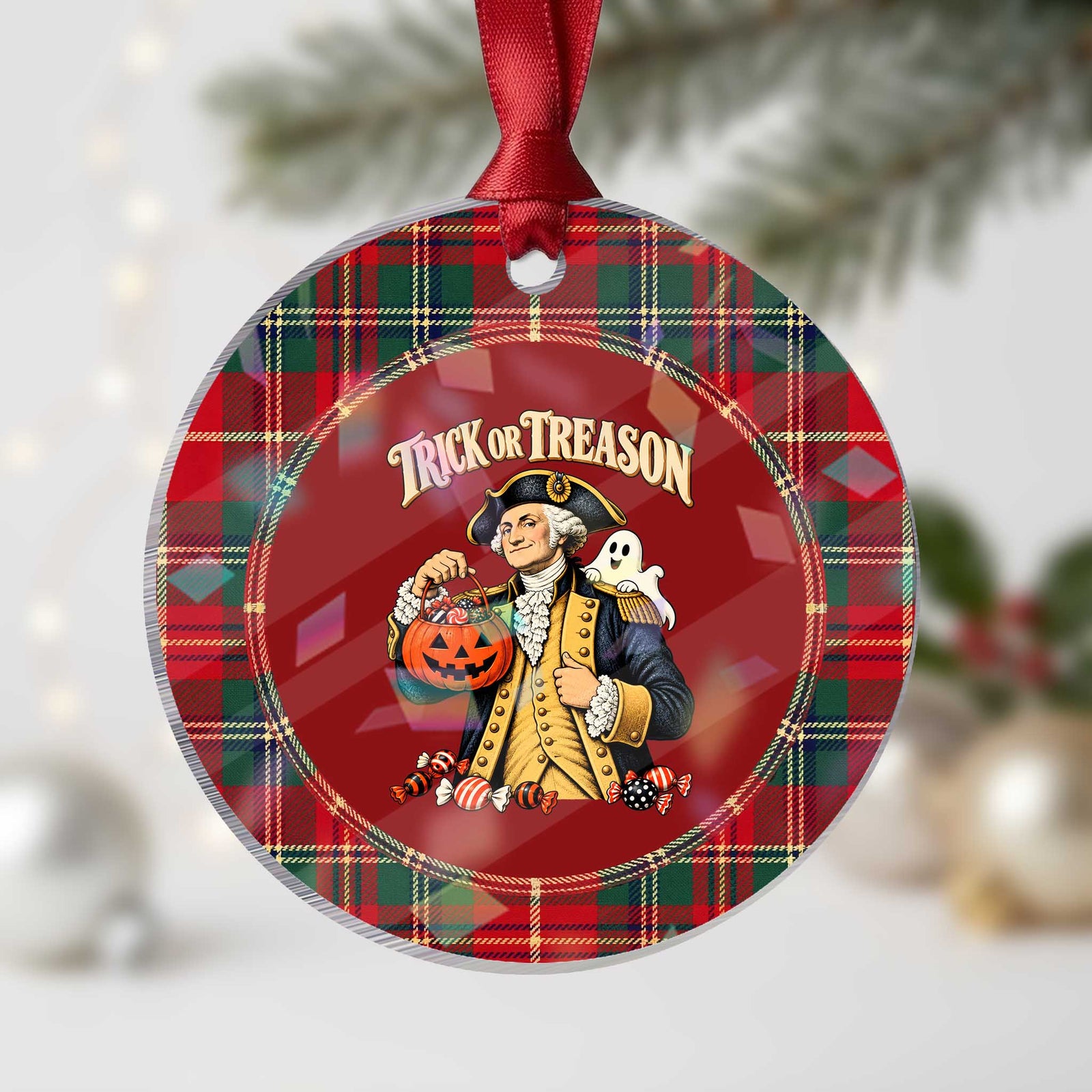 Trick Or Treason Funny George Washington Halloween Holographic Acrylic Ornament Pumpkin Spooky Graphic