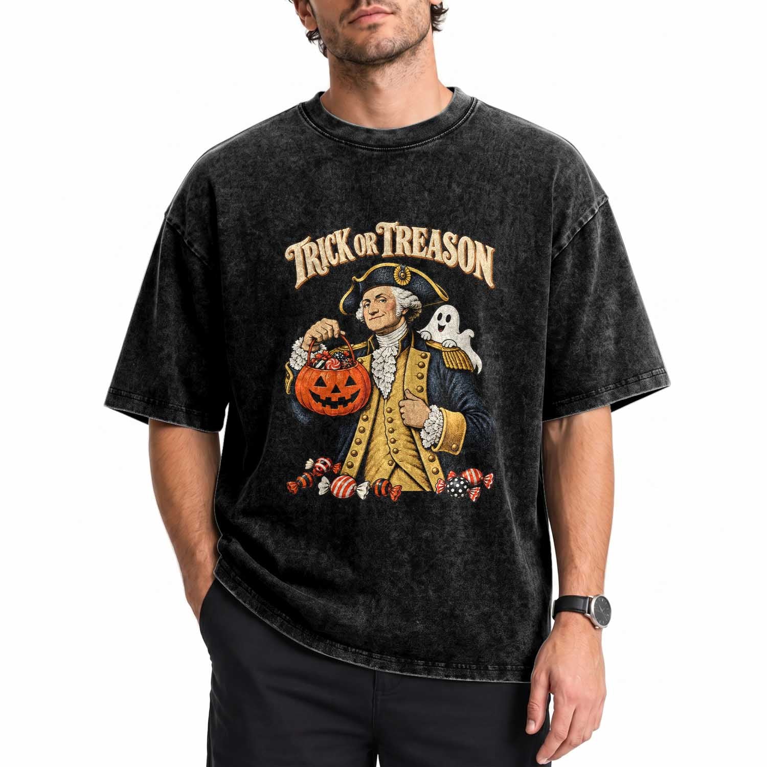 Trick Or Treason Funny George Washington Halloween Washed Cotton T-Shirt Pumpkin Spooky Graphic
