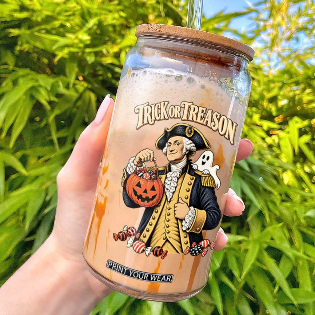 Trick Or Treason Funny George Washington Halloween Glass Can Pumpkin Spooky Graphic