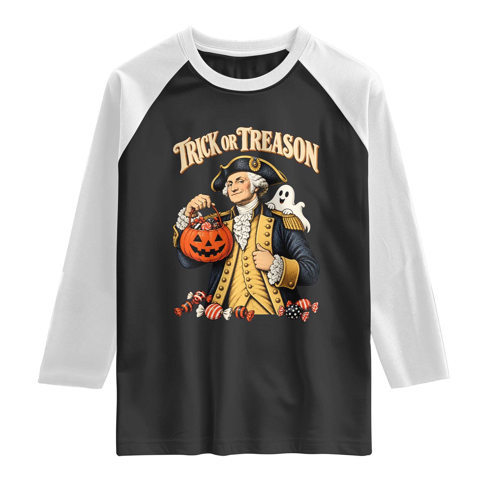 Trick Or Treason Funny George Washington Halloween Raglan Shirt Pumpkin Spooky Graphic