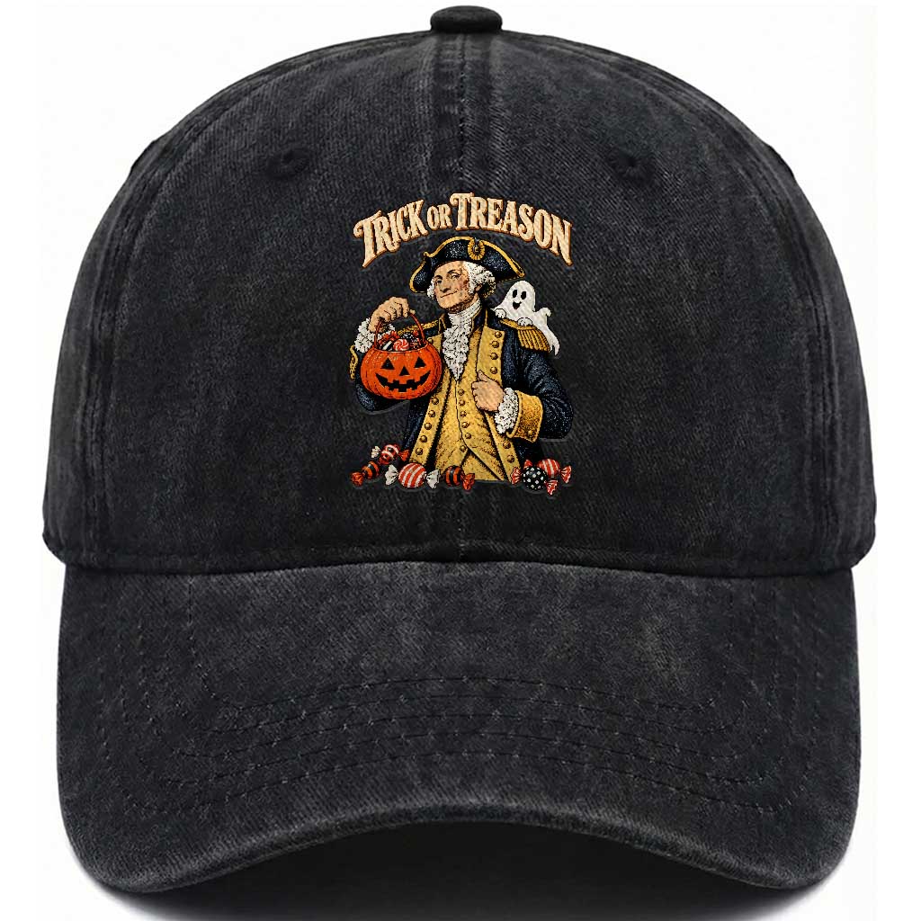 Trick Or Treason Funny George Washington Halloween Washed Cotton Baseball Cap Pumpkin Spooky Graphic