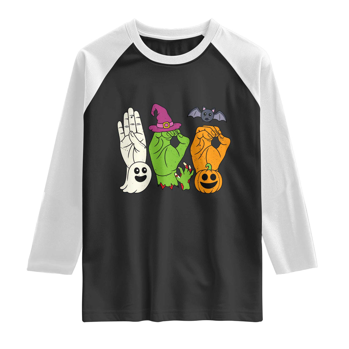 Boo ASL Hand Signs Halloween American Sign Language Spooky Graphic Raglan Shirt