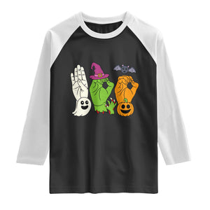 Boo ASL Hand Signs Halloween American Sign Language Spooky Graphic Raglan Shirt