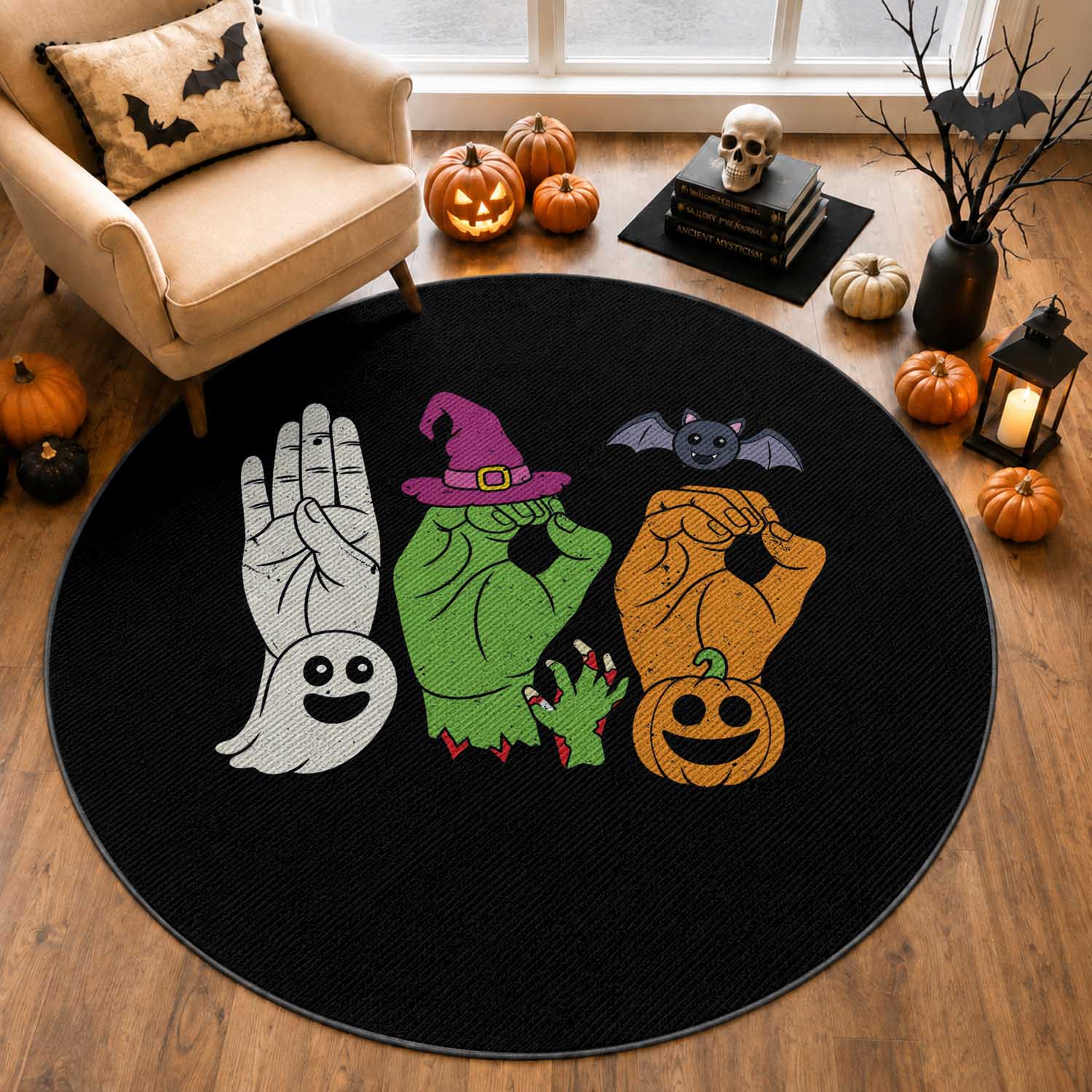 Boo ASL Hand Signs Halloween American Sign Language Spooky Graphic Round Rug