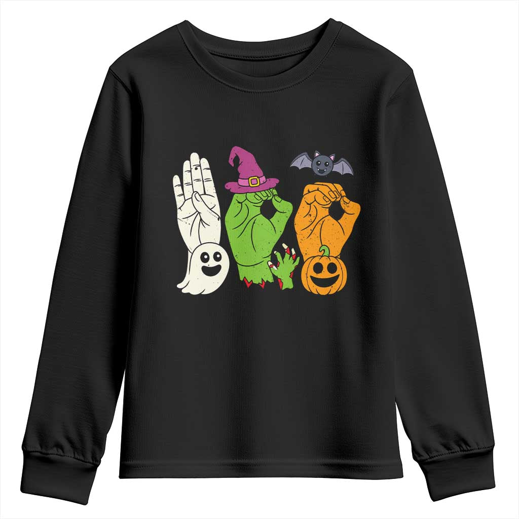 Boo ASL Hand Signs Halloween American Sign Language Spooky Graphic Youth Sweatshirt
