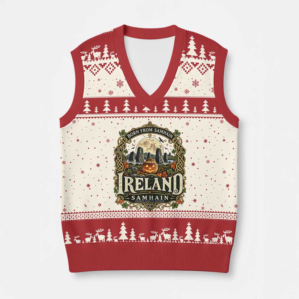 Born From Samhain Ireland Ancient Harvest Festival V-Neck Knit Sweater Vest Vintage Celtic Halloween Spooky Graphic