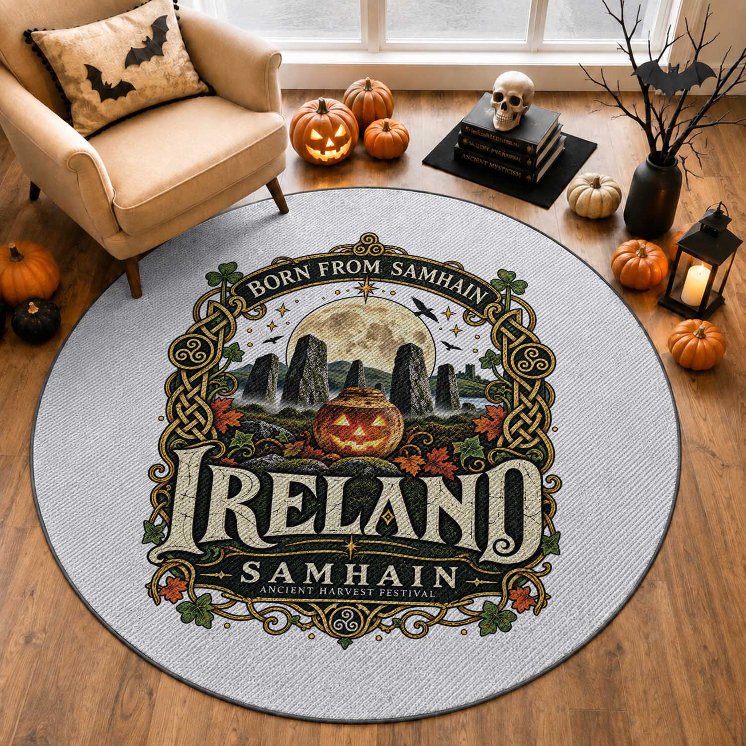 Born From Samhain Ireland Ancient Harvest Festival Round Rug Vintage Celtic Halloween Spooky Graphic