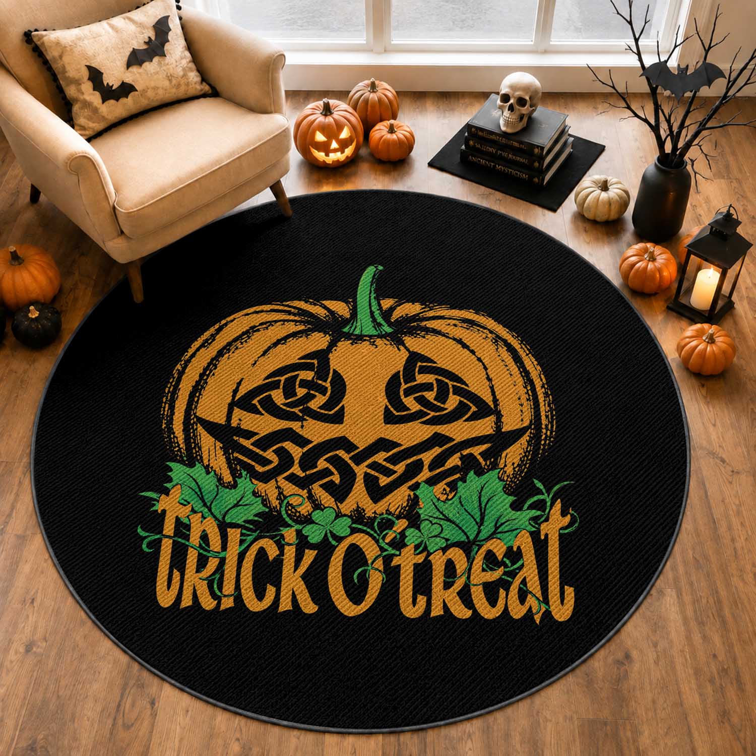 Trick O Treat Irish Celtic Knot Jack O Lantern Pumpkin Halloween Spooky Graphic Round Rug