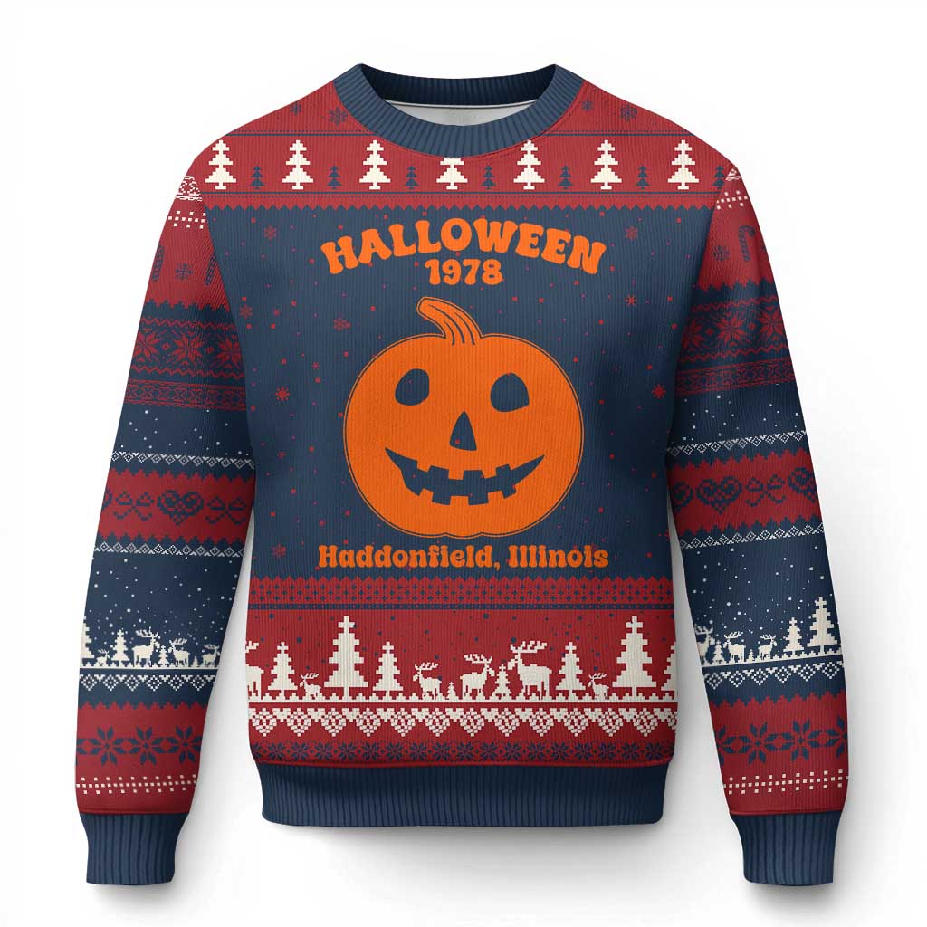 Halloween 1978 Haddonfield Illinois Ugly Christmas Sweater Vintage Jack O Lantern Pumpkin Spooky Graphic