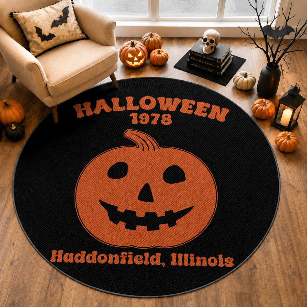 Halloween 1978 Haddonfield Illinois Round Rug Vintage Jack O Lantern Pumpkin Spooky Graphic