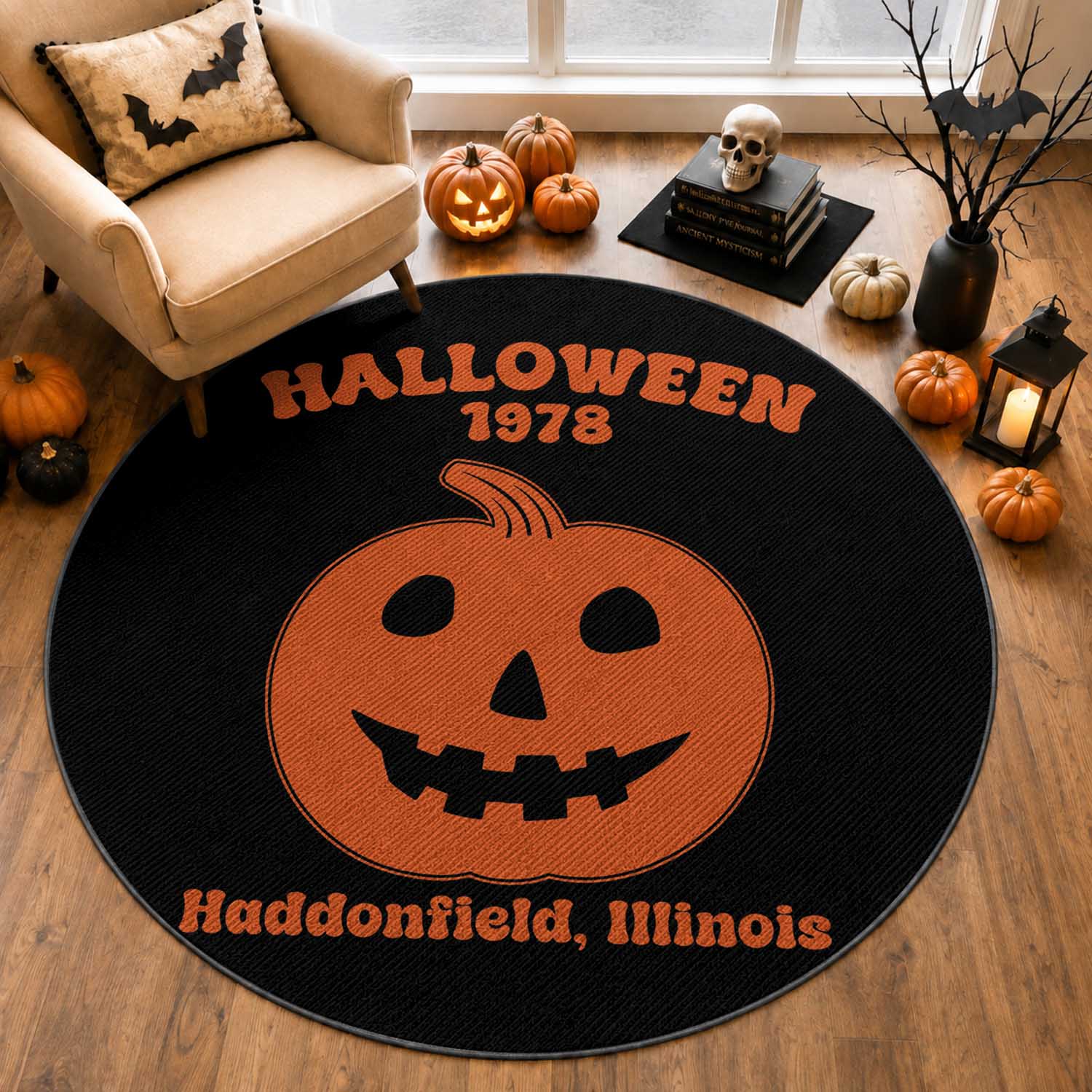 Halloween 1978 Haddonfield Illinois Round Rug Vintage Jack O Lantern Pumpkin Spooky Graphic