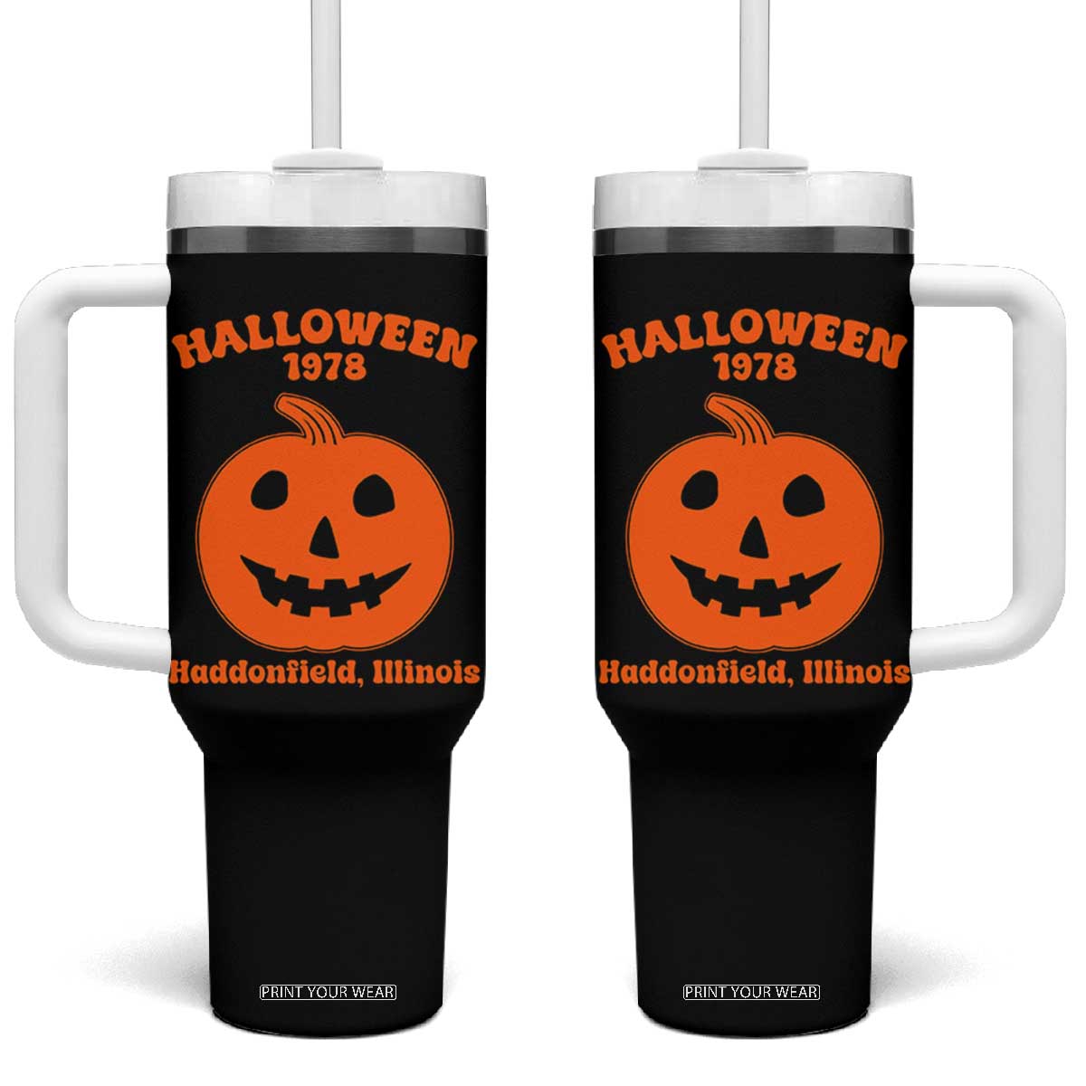 Halloween 1978 Haddonfield Illinois Tumbler With Handle Vintage Jack O Lantern Pumpkin Spooky Graphic