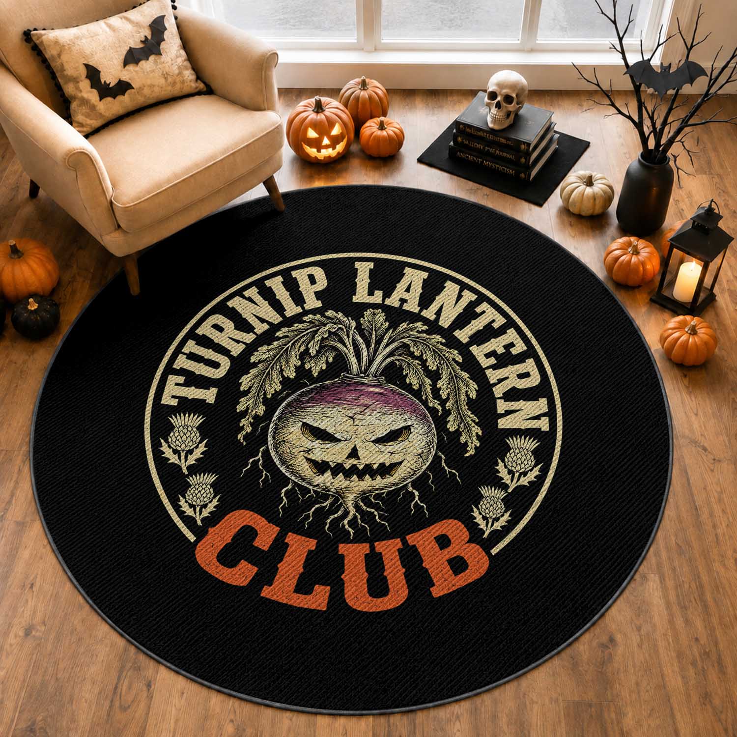 Turnip Lantern Club Vintage Celtic Scottish Irish Halloween Spooky Graphic Round Rug