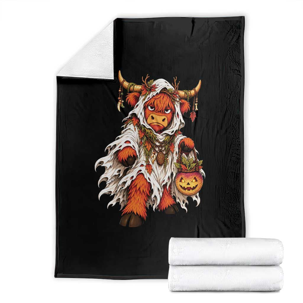 Spooky Druid Highland Cow Ghost Costume Holding Turnip Lantern Halloween Graphic Throw Blanket