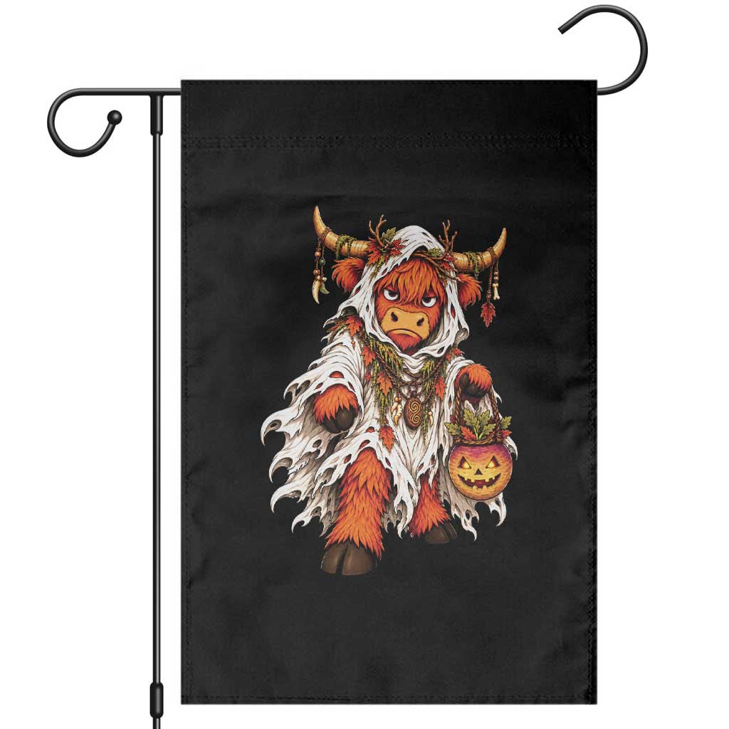 Spooky Druid Highland Cow Ghost Costume Holding Turnip Lantern Halloween Graphic Garden Flag