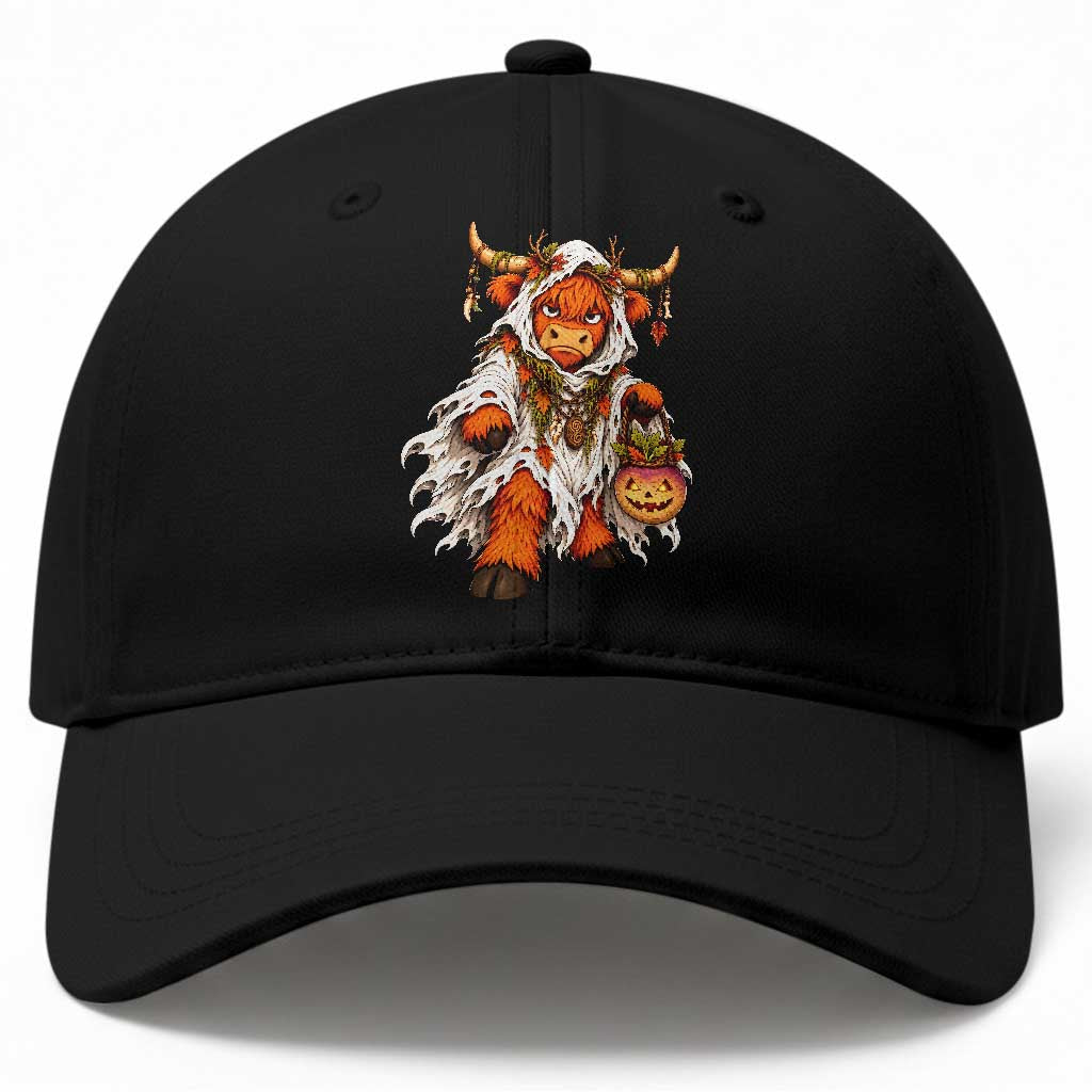 Spooky Druid Highland Cow Ghost Costume Holding Turnip Lantern Halloween Graphic Baseball Cap