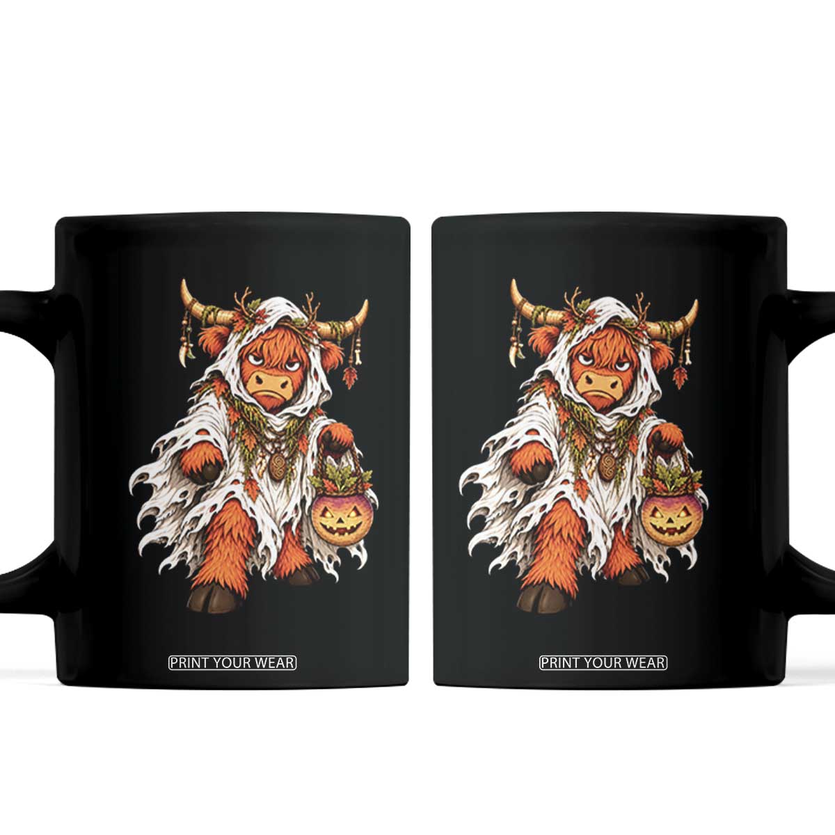 Spooky Druid Highland Cow Ghost Costume Holding Turnip Lantern Halloween Graphic Coffee Mug