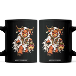 Spooky Druid Highland Cow Ghost Costume Holding Turnip Lantern Halloween Graphic Coffee Mug