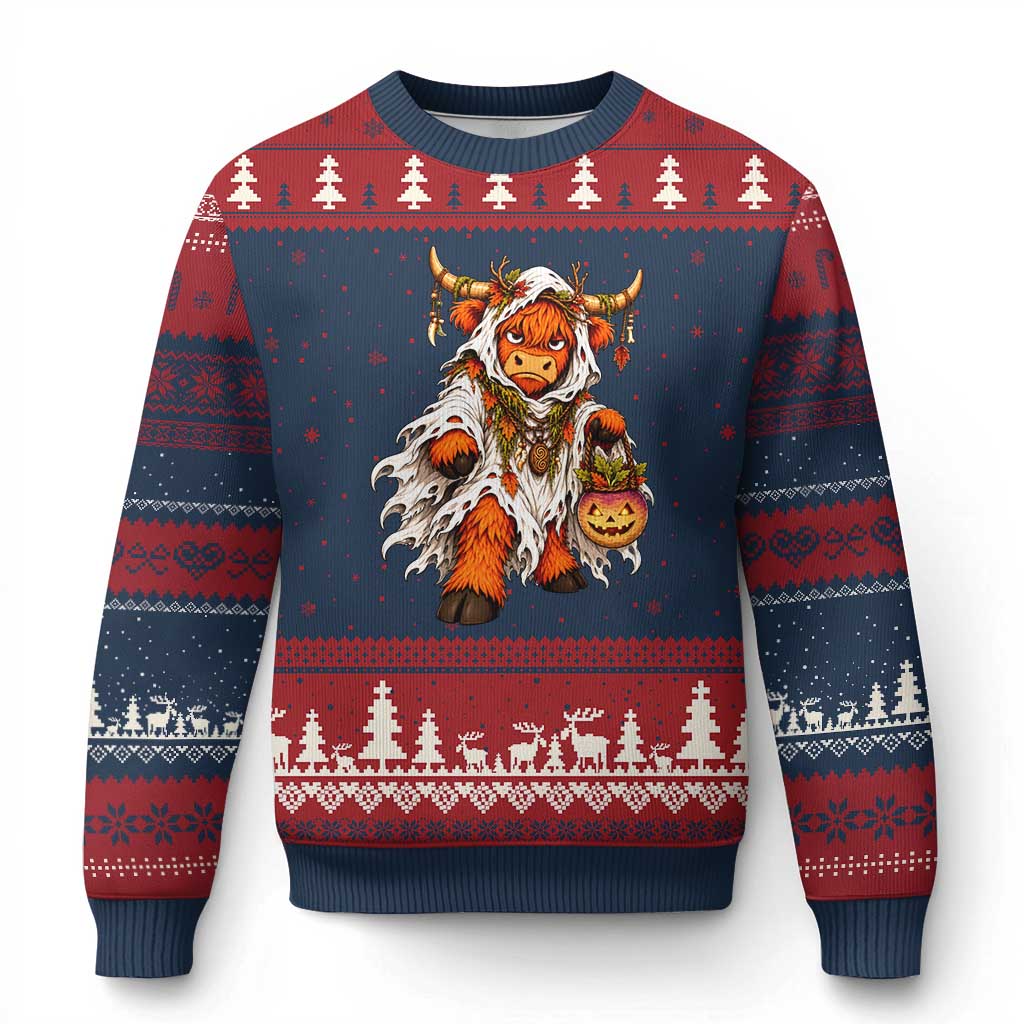 Spooky Druid Highland Cow Ghost Costume Holding Turnip Lantern Halloween Graphic Ugly Christmas Sweater