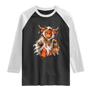 Spooky Druid Highland Cow Ghost Costume Holding Turnip Lantern Halloween Graphic Raglan Shirt